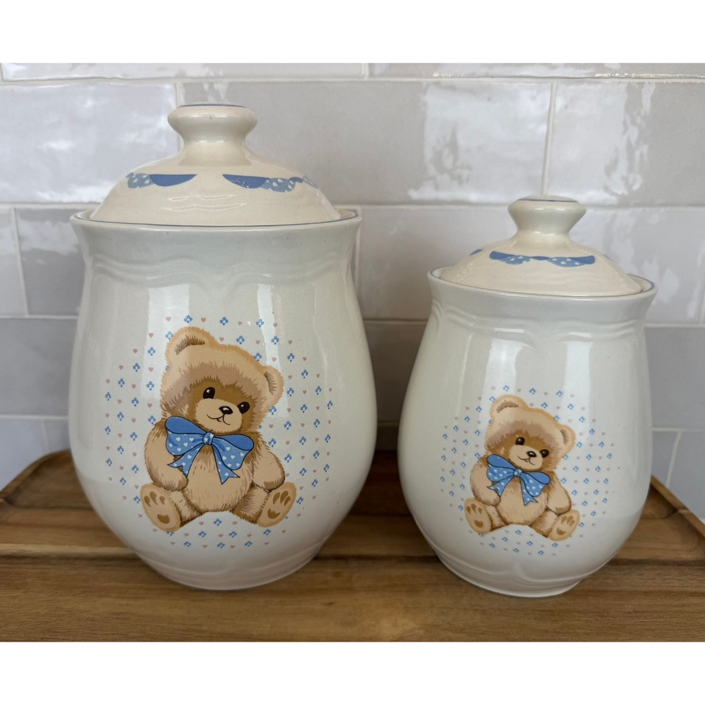 Cream Ceramic Bear Canister Set with Blue Accents - 2 Piece